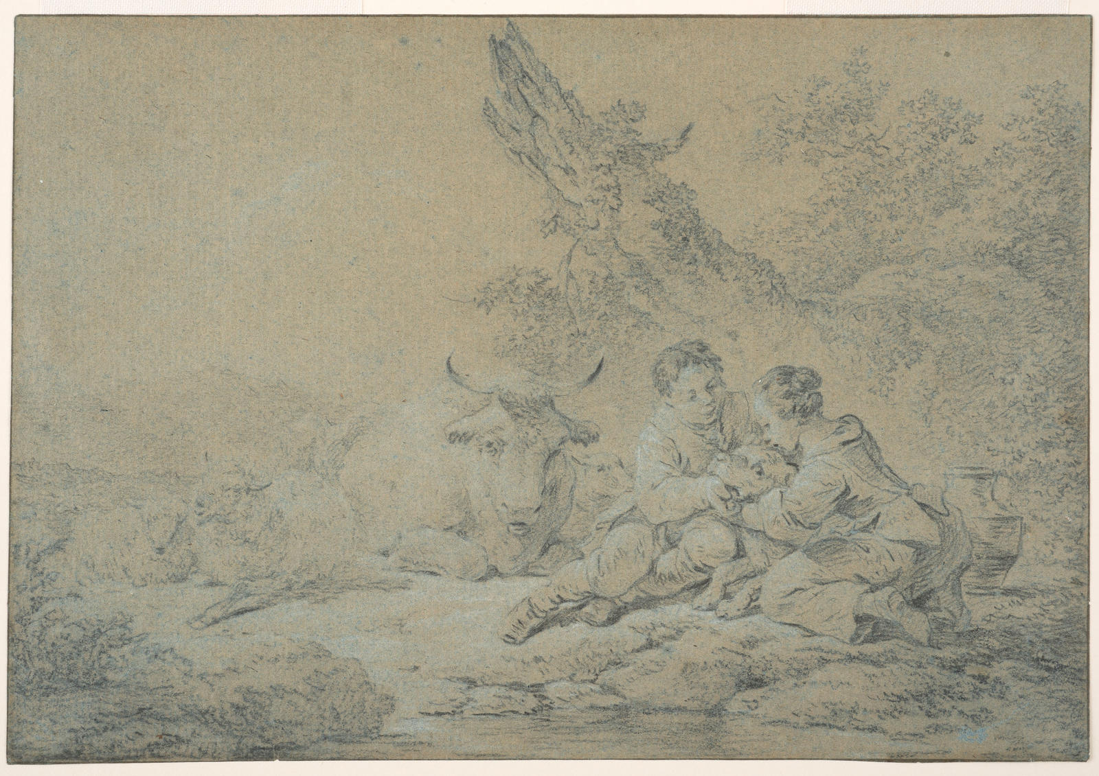 Shepherd and Shepherdess with a Calf, Sheep and Cow Beyond