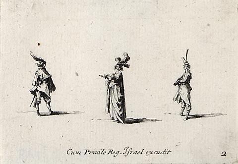 Une dame, au chapeau orne de trois plumes, vue de profil entre deux hommes