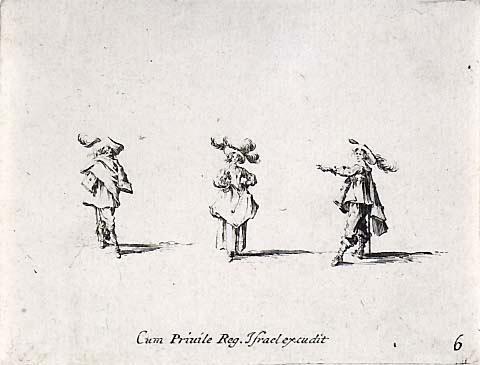 Une dame, au chapeau orne de quatre plumes et les deux mains sur les hanches, vue de face entre deux hommes