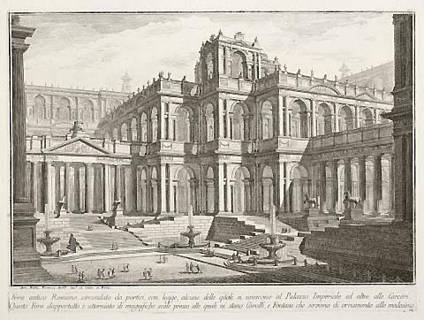 Foro antico Romano circondato da portici, con logge, alcune delle quali si uniscono al Palazzo Imperiale ed altre alle Carceri (Ancient Roman Forum surrounded by porticoes, with loggias, some of which communicate with the Imperial Palace and others with