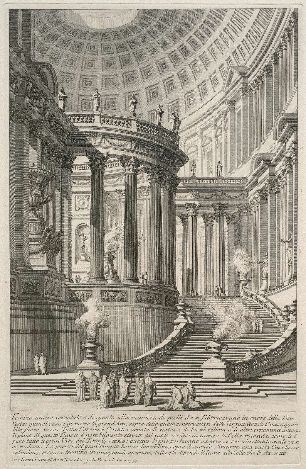 Tempio antico inventato e disegnato alla maniera di quelli che si fabbricavano in onore della Dea Vesta: quindi vedesi in nmezzo la grand' Ara, sopra della quale conservavasi dalle Vergini Vestali l'inestinguibile fuoco sacro ... (Imaginary ancient temple