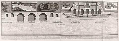 Nella Tav. precedente si sono dimonstrati gli Avanzi del Mausoleo, e del Ponte d'Elio Adriano sino dal loro Fondam. nell presente si riporta il Taglio, o sia Spaccato de' medesimi. (In the previous plate the remains of the Mausoleum and the Bridge of Had