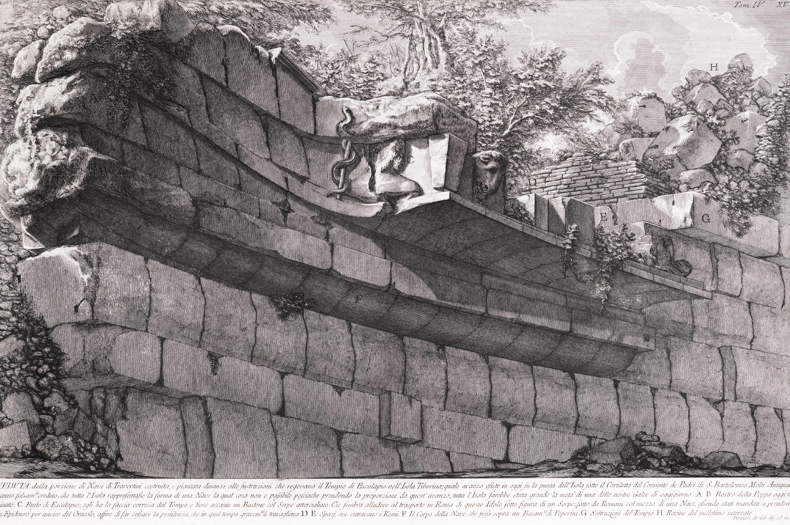 Veduta della porzione di Nave di Travertini costruita, e piantata dinanzi alle sustruzioni che regevano il Tempio di Esculapio nell'Isola Tiberina (View of part of the ship of the Travertine constructed and inserted in front of the substructures which sup