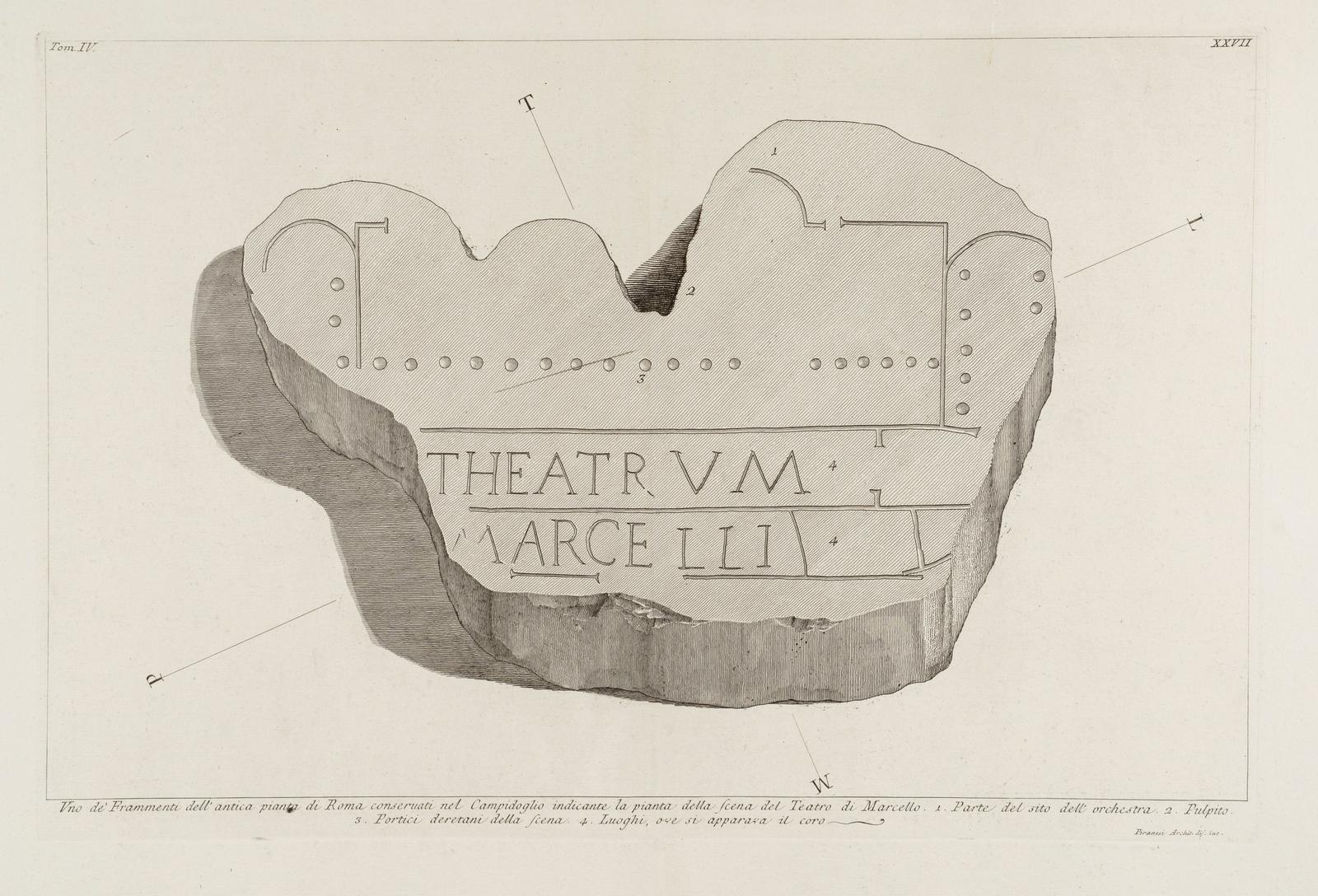 XXVII. Uno de' Frammenti dell' antica pianta di Roma conservati nel Campidoglio indicante la pianta della scena del Teatro di Marcello. (One of the fragments of the ancient plan of Rome, preserved on the Capitoline, which shows the plan of the stage bui