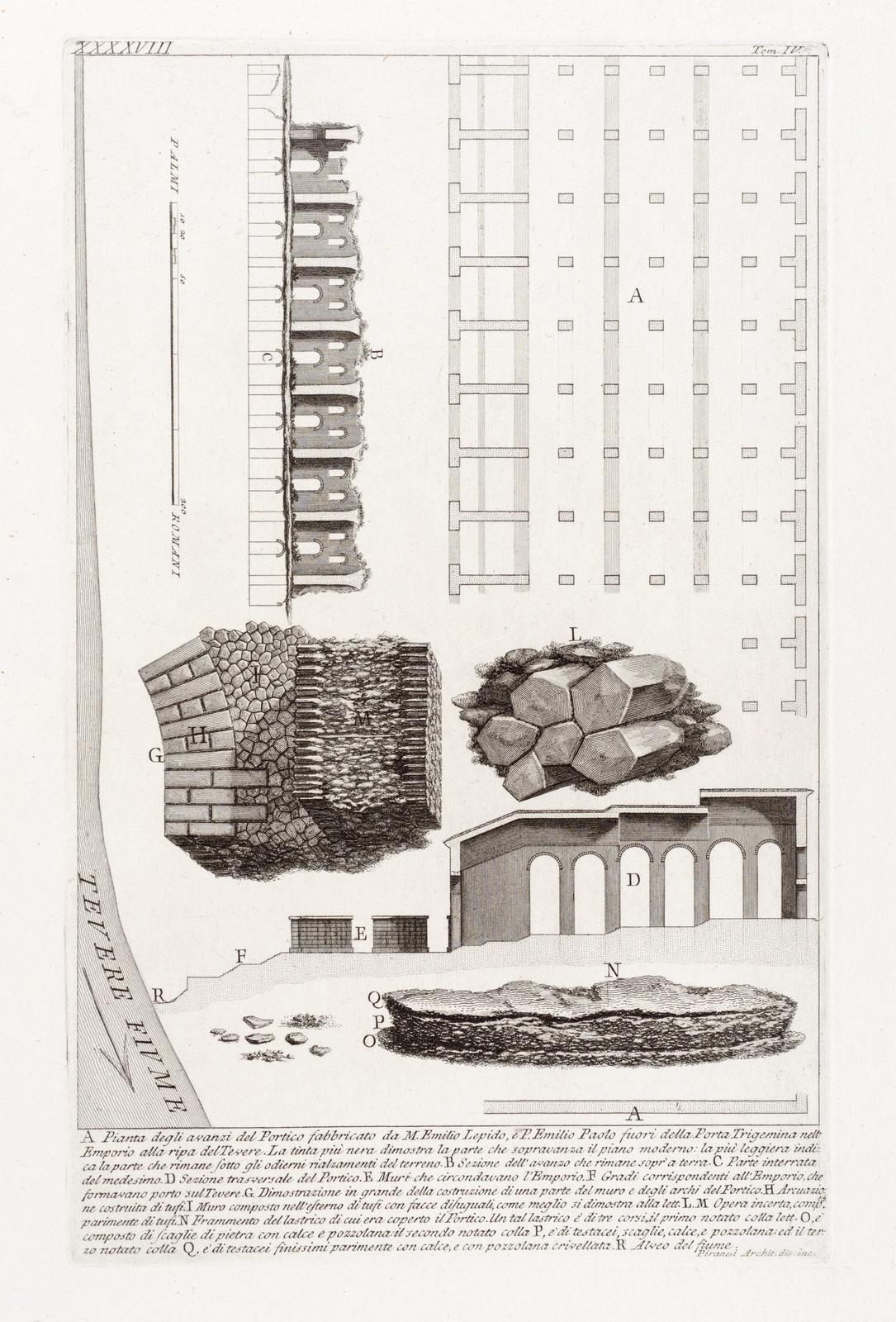 XXXXVIII. A. Pianta degli avanzi del Portico fabbricato da M. Emilio Lepido, e P. Emilio Paolo fuori della Porta Trigemina nell' Emporio alla ripa del Tevere (Plan of the remains of the arcade built by M Aemilius Lepidus and P. Aemilius Paullus outside t
