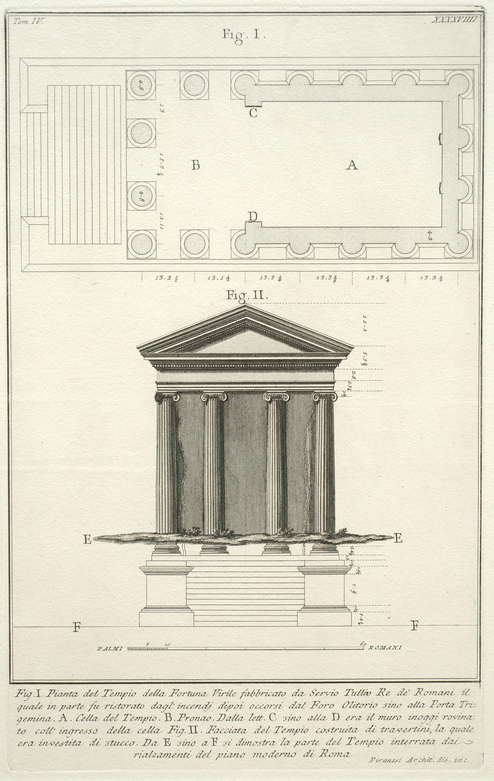 XXXXVIIII Fig 1 Pianta del Tempio della Fortuna Virile, fabbricato da Servio Tullio Re de' Romani ... (Fig 1. Plan of the Temple of Fortuna Virilis, built by Servius Tullius, King of the Romans ...)
