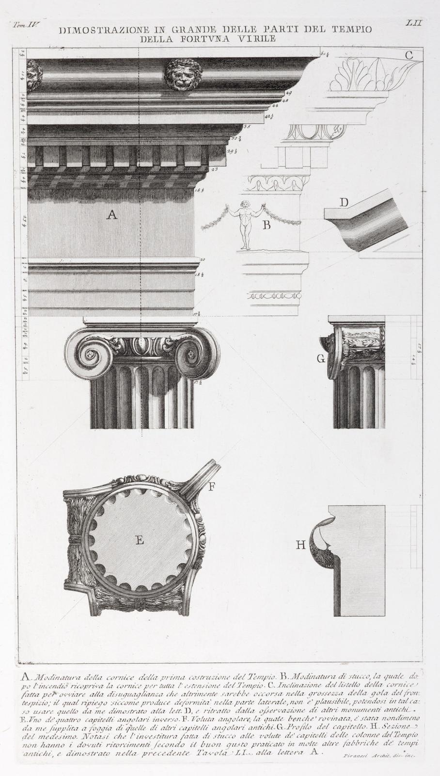 Dimostrazione in grande delle parti del Tempio della Fortuna Virile. LII. (Reconstruction of details from the Temple of Fortuna Virilis)