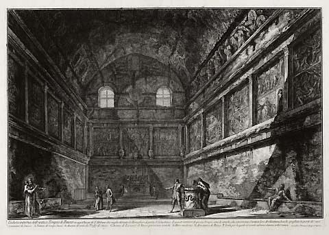 Veduta interna dell' antico Tempio di Bacco in oggi Chiesa di S. Urbano due miglia distante da Roma fuori di porta S Sebastino (Interior view of the temple of Bacchus, now the church of S. Urbano, two miles from Rome) [Now considered to be the Temple of
