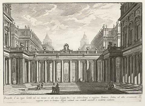 Prospetto d'un regio Cortile nel cui mezzo vi sta una Loggia tra i cui intercolonni si veggono Fontane, Statue, ed altri ornamenti. Si veggono pure in lontano luoghi arotondi con cristalli secondo il moderno costume ... (Royal courtyard in the centre of