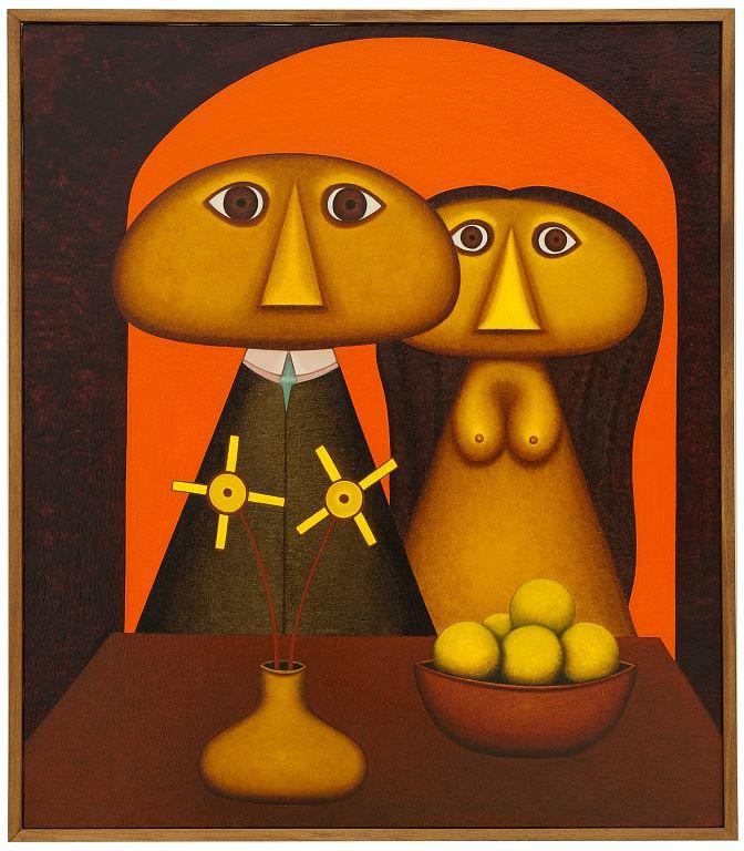 Man and woman figures with still life and flowers