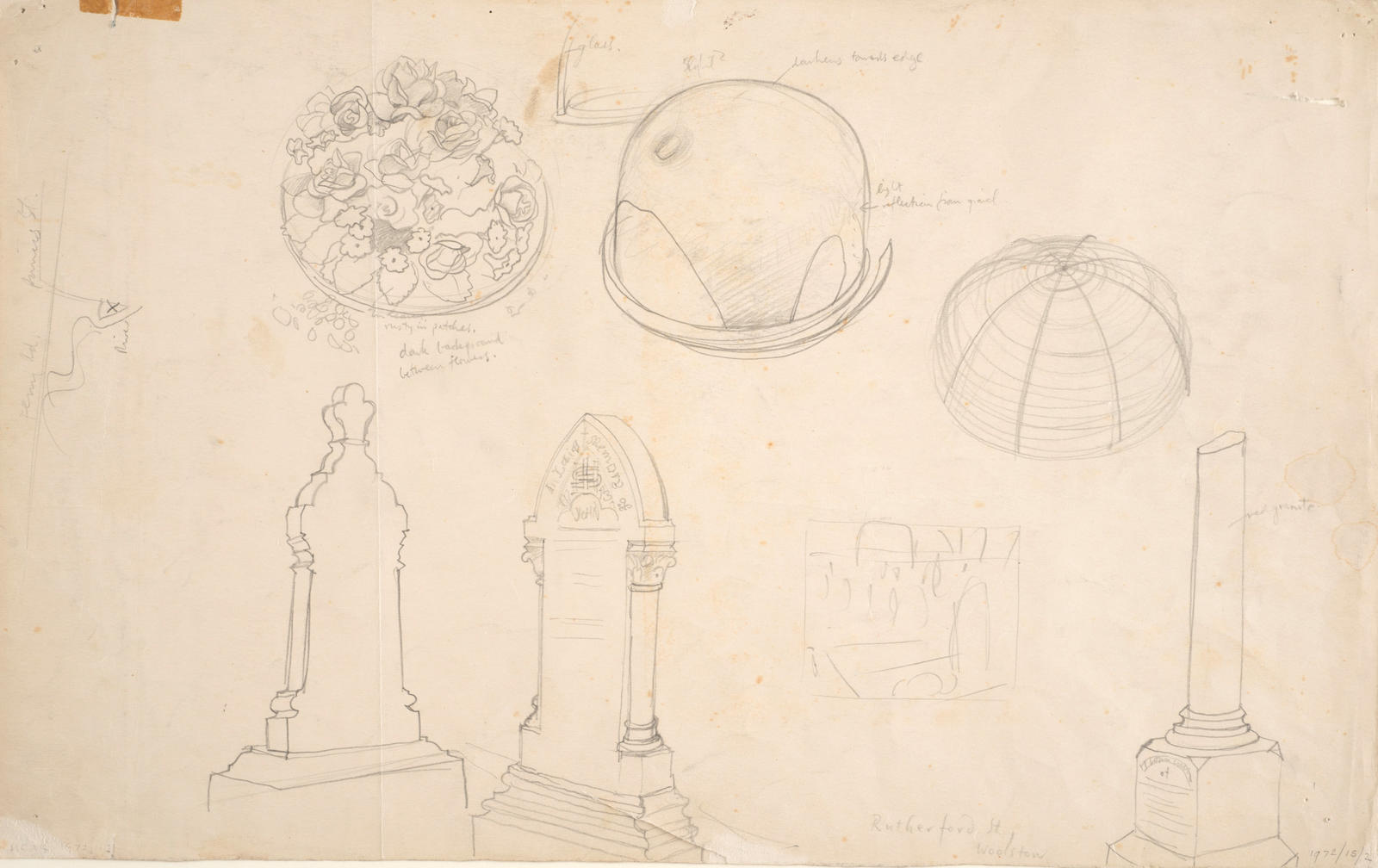 Sketch: Grave stones and floral tributes, Rutherford Street, Woolston