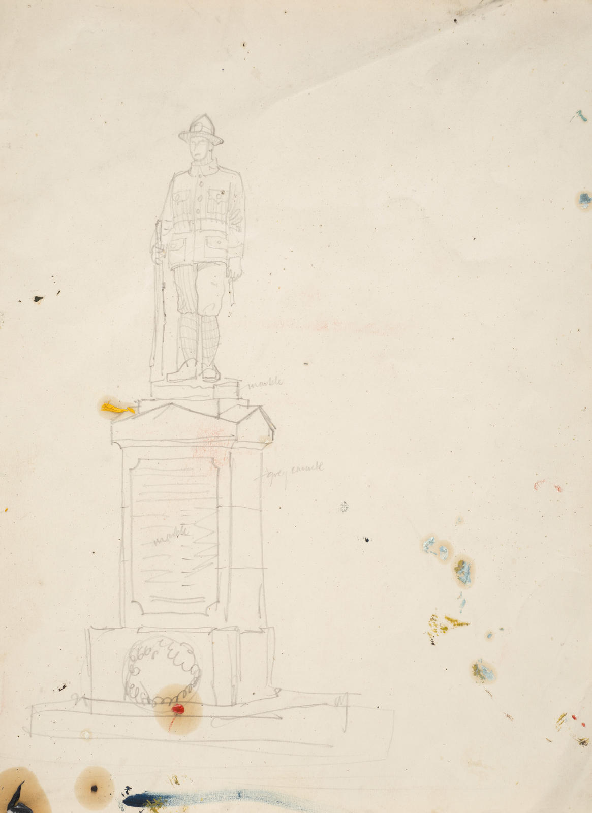 Sketch of War Memorial for "Pastoral" , with notes for colour