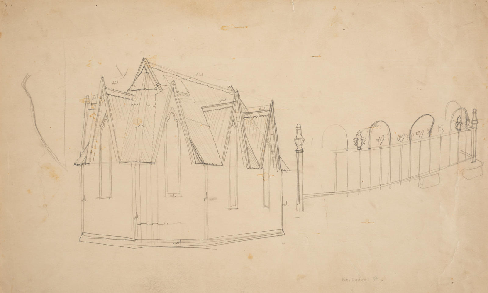 Sketch : Church and railings, Barbados Street (Study for Nor'wester in the cemetery)