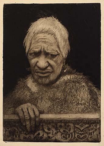 Portrait of a Maori with her hand resting on a carved freize
