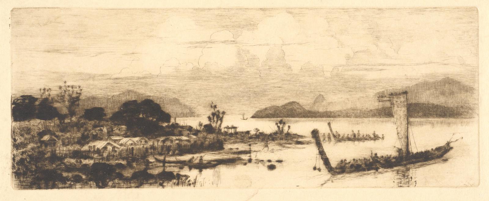 Maori war canoes leaving the village