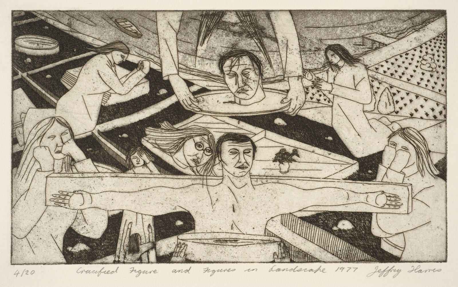 Crucified figure and figures in landscape