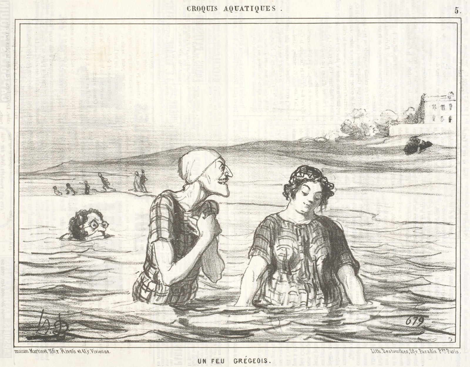 UN FEU GRÉGEOIS. Mais, je ne saurais me tromper ... ce n'est pas une leçon de natation que ce monsieur donne à ma femme ... je commence à être bien inquie t... Adélaïde, nagez ... je vous enjoins de nager et surtout de venir me rejoindre! ... [A GREEK FIR