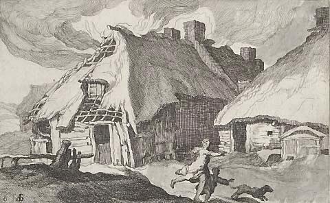 Woman with child and dog fleeing house fire (no.6)