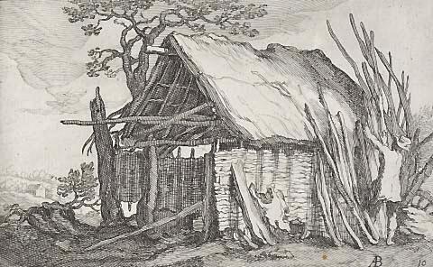Ruined cottage with man stacking wood (no.10)