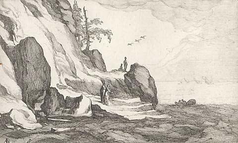 Seascape with boats and figures on rocky shore (no.8)