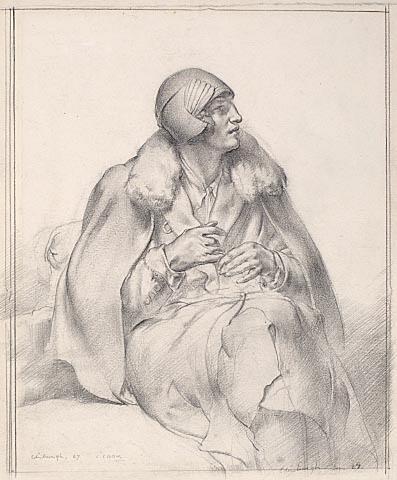Seated woman with bonnet, fur and gloves