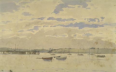 Untitled (Harbour scene with moored boats)