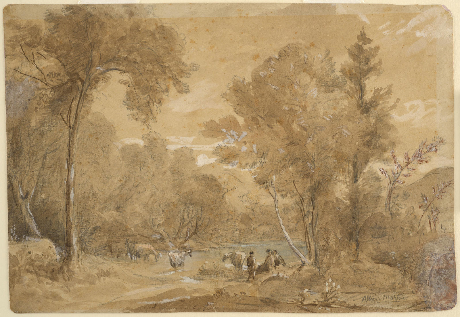 Landscape with cows and three figures