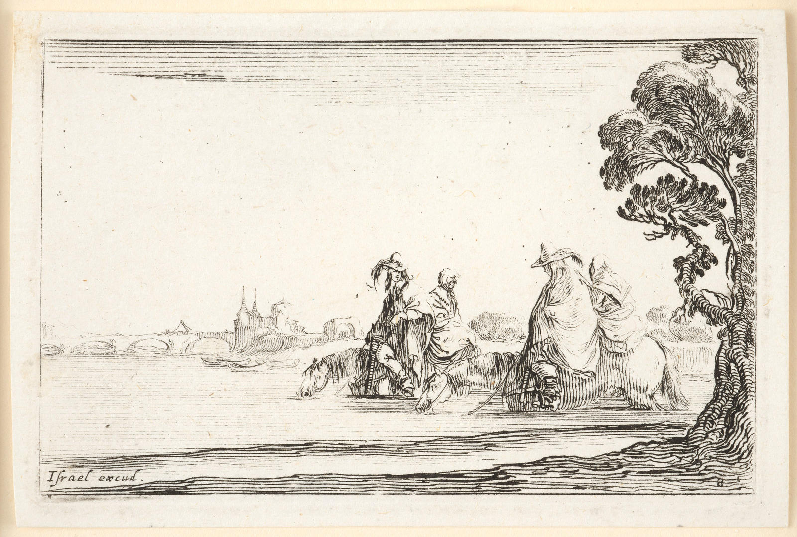 Untitled: two cavaliers with women behind them, in a river