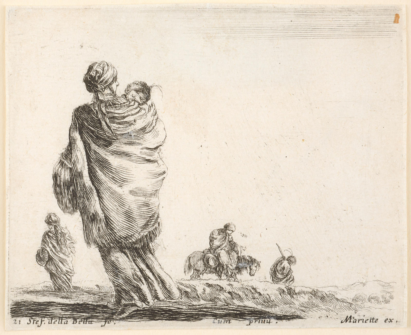 A gauche, une pauvre femme, vue par derriere et envelopp'ee dans un chale, ...