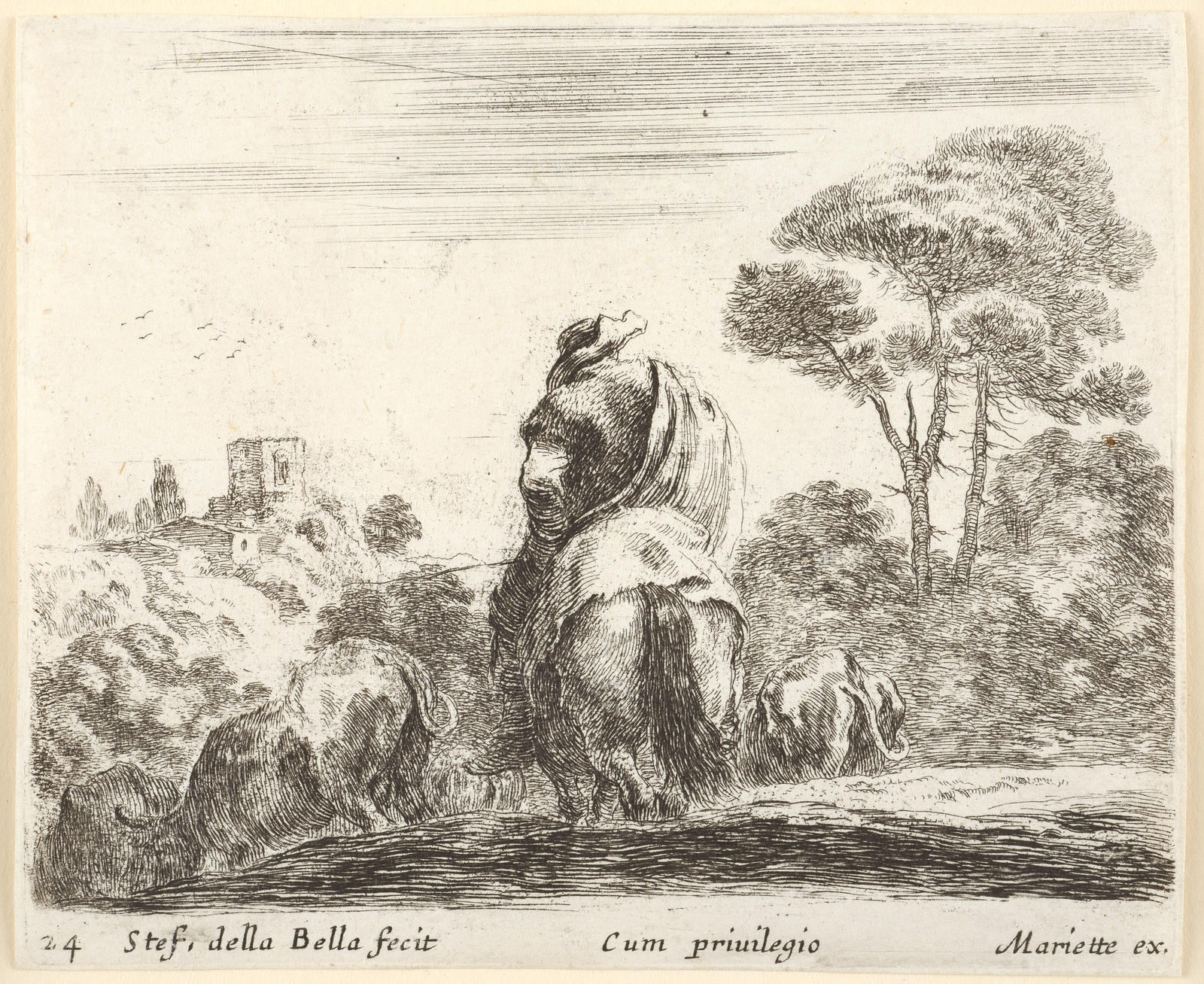 Au milieu, un patre a cheval, vu par derriere, ...