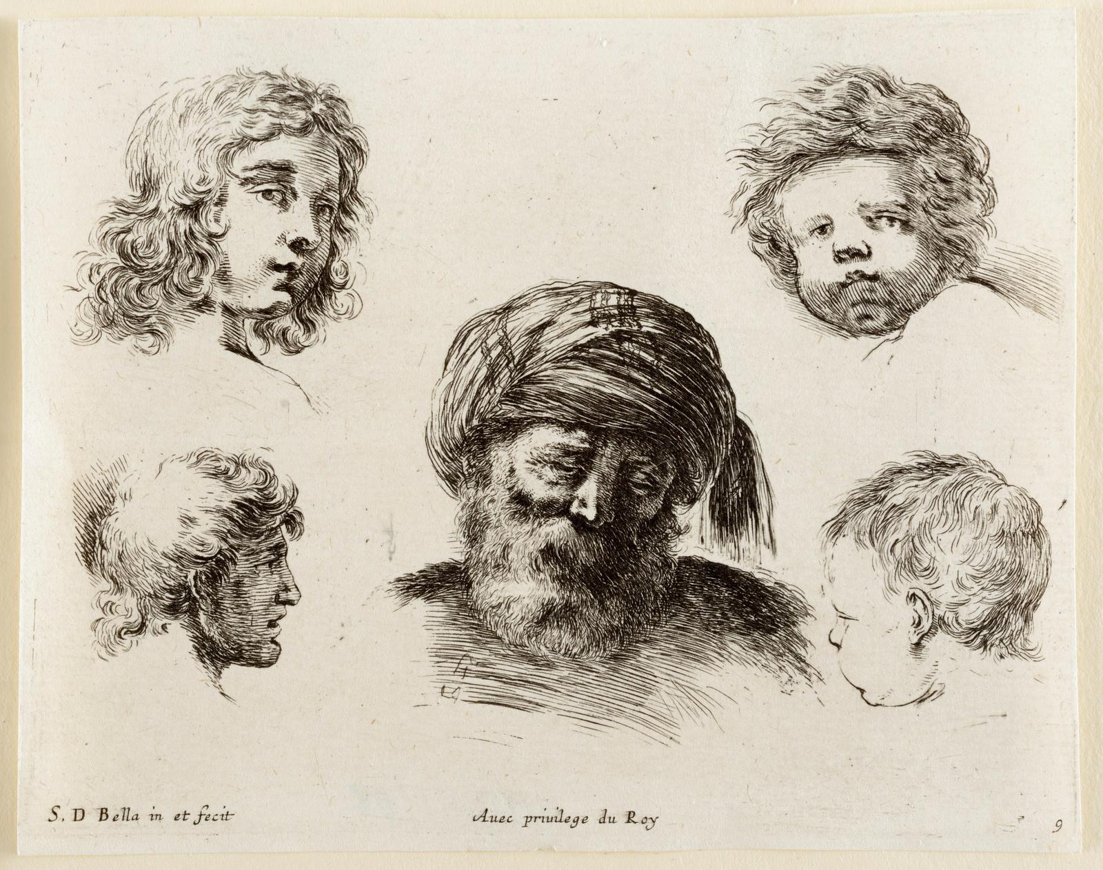 Au milieu, une tete de vieillard avec turban et barbe, ...