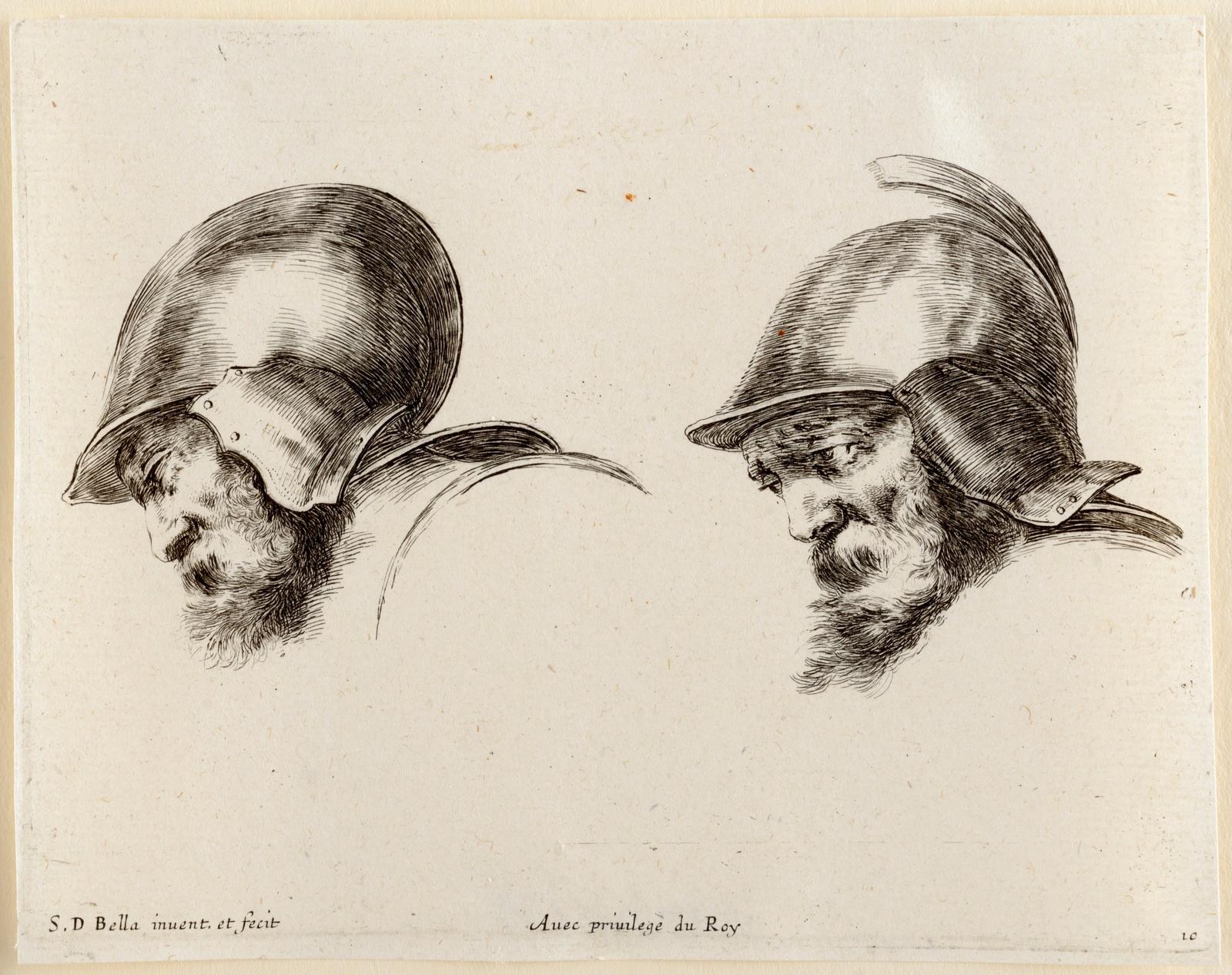Deux tetes de vieux soldats avec casque et barbe, ...