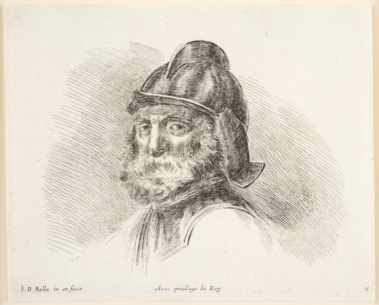 Tete de vieux soldat barbu, avec casque, tourne de trois quarts, a gauche