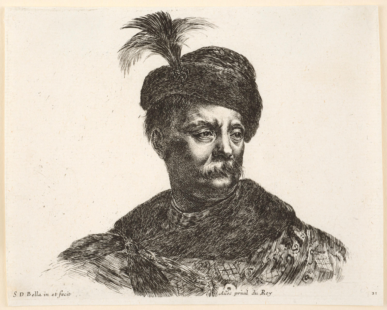 Buste de Polonais, coiffe d'un bonnet avec aigrette, vu de face, vetu richement ...