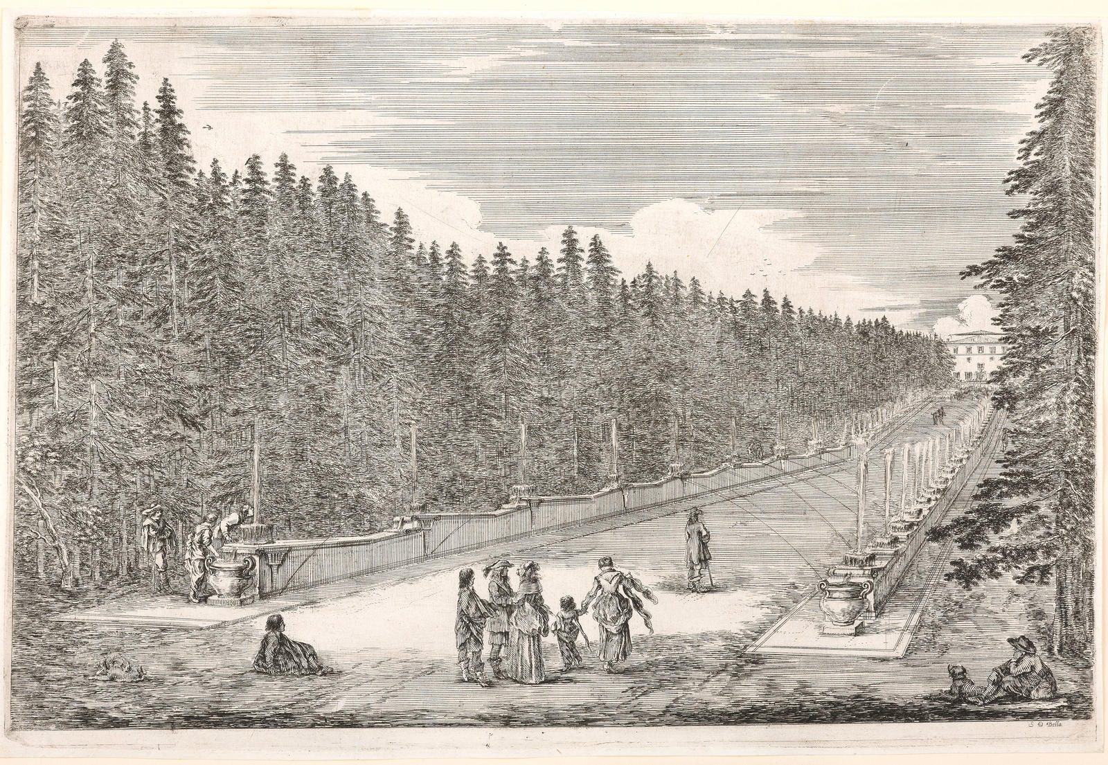 L'allee des fontaines. Elle va de gauche a droite et conduit a la villa, ...