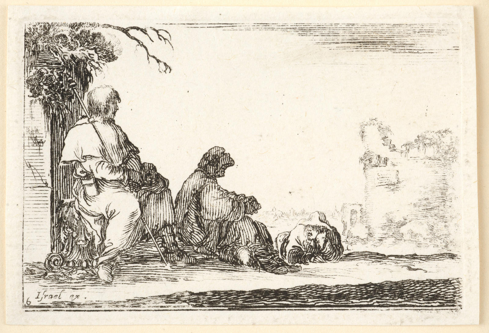 Untitled: Two seated pilgrims and a peasant lying on his stomach