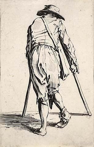 Le mendiant aux bequilles coiffe d'un chapeau et vu de dos