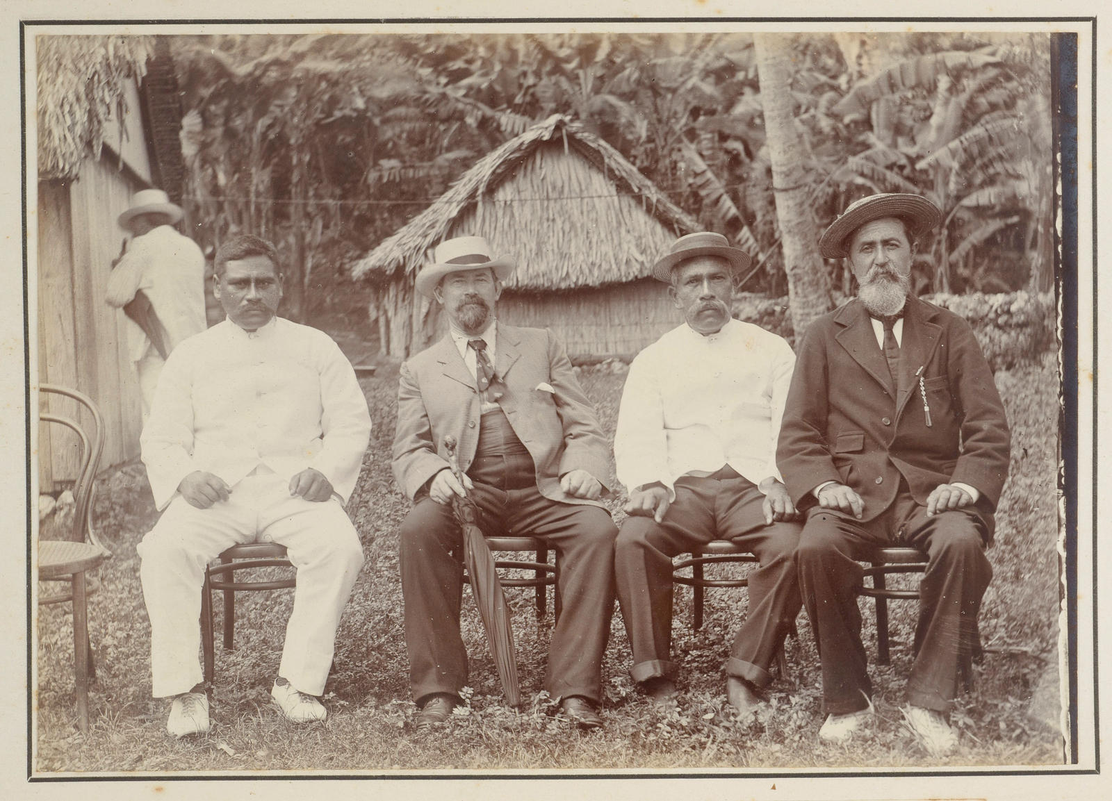 Nohoroa Ariki, Hon C H Mills, "King" John, and Pa Ariki, at Mangaia