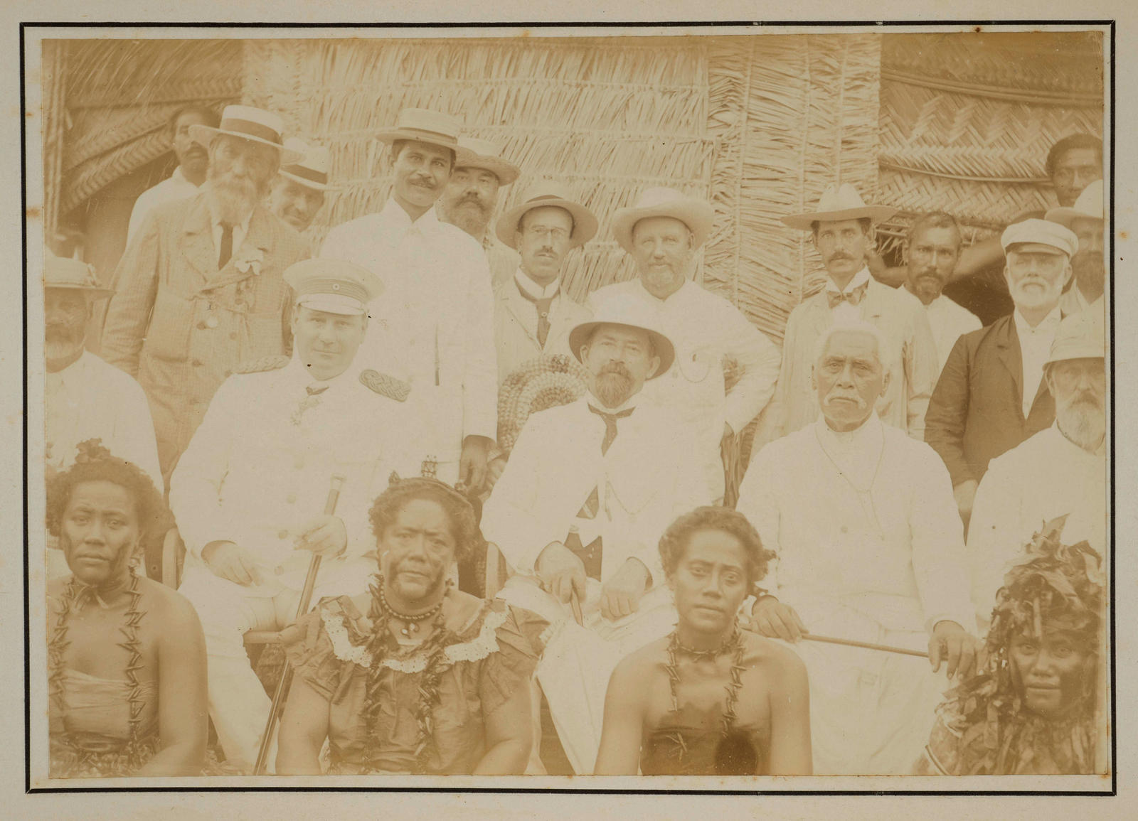 Dr W H Wolf, Imperial German Governor, Hon H C Mills, and Mataafa, at Mulinuu, Apia