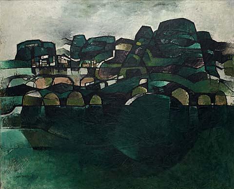 Harbour and City with Terraced Volcanic Cones