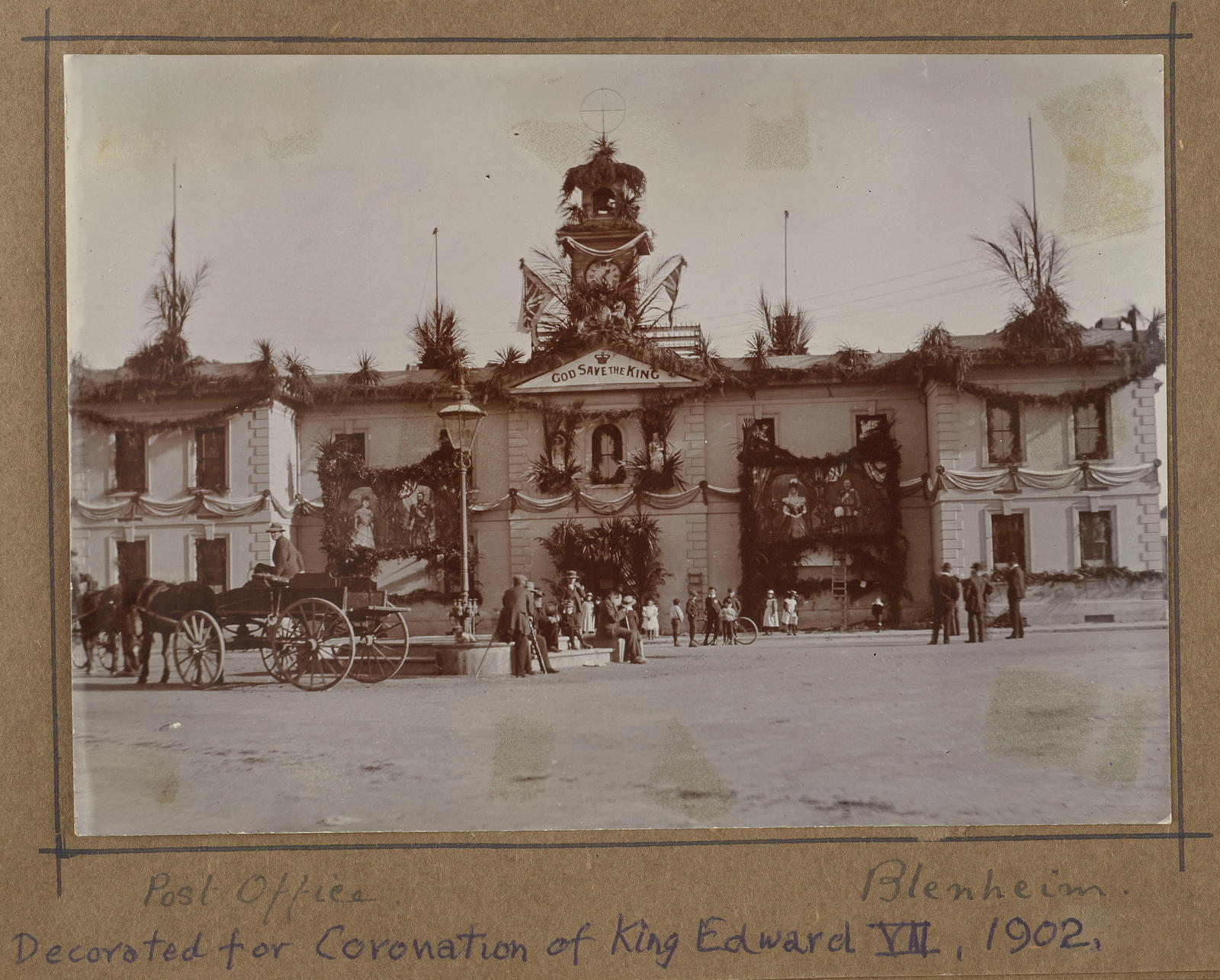 Blenheim Post Office decorated for the Coronation of King Edward VII