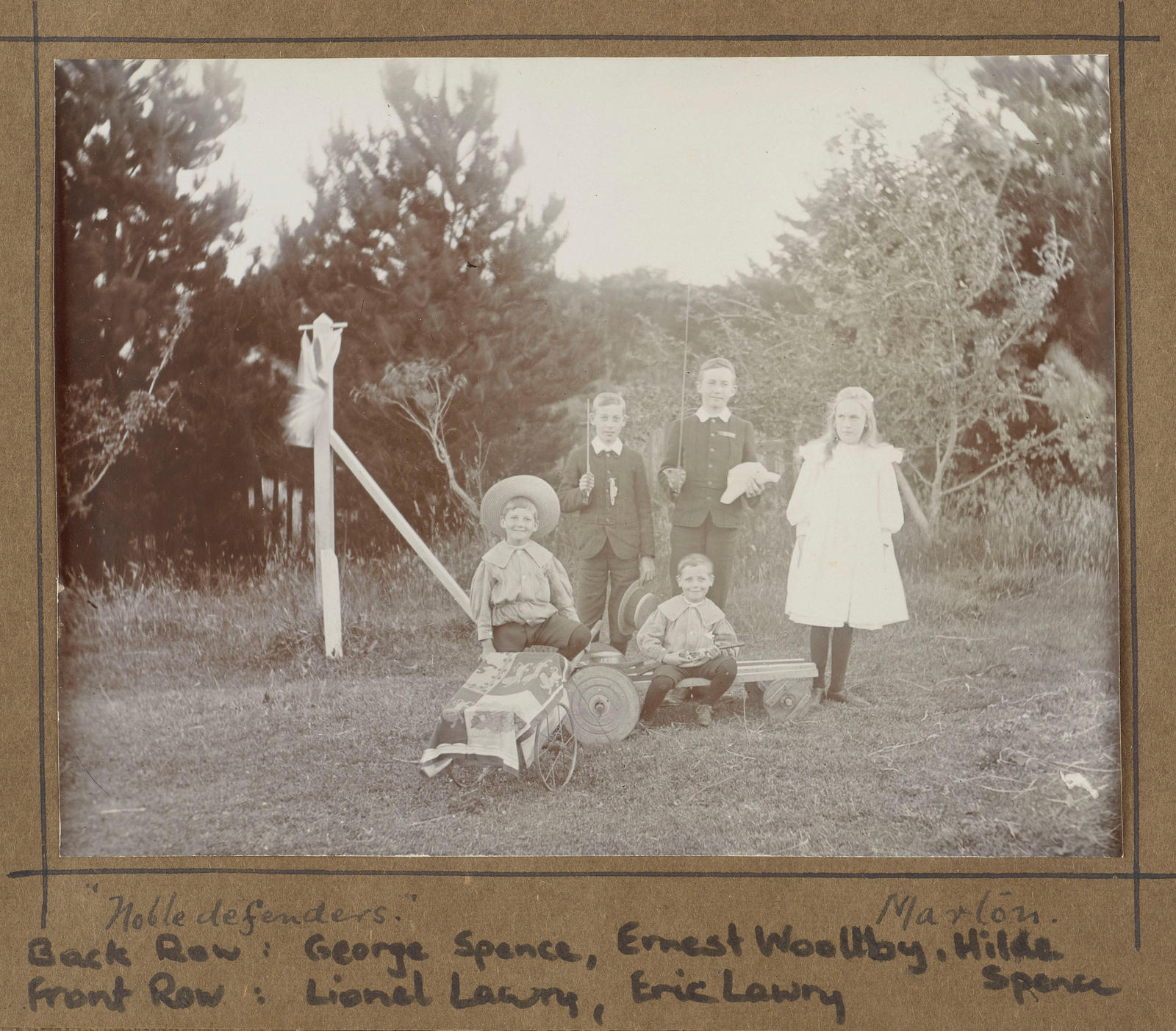 "Noble Defenders", Marton. Back Row: George Spence, Ernest Woolby, Hilda Spence. Front Row: Lionel Lawry, Eric Lawry