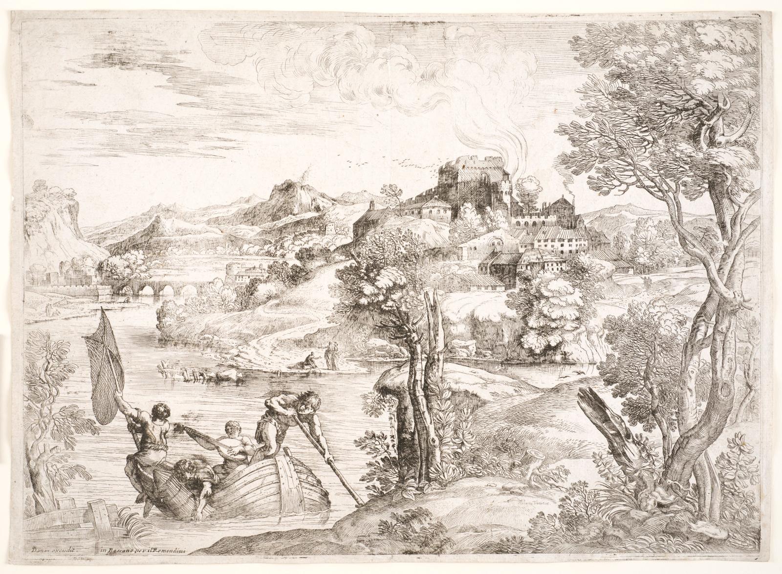 Landscape with a lute player in a boat