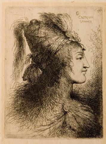 Young woman wearing a plumed turban, facing right