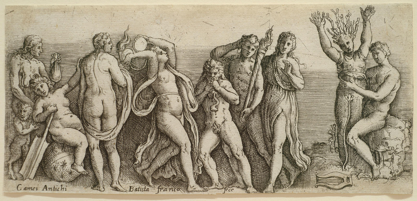 Antique Cameos (Camei antichi): a frieze of bacchantes with Apollo and Daphne at the right