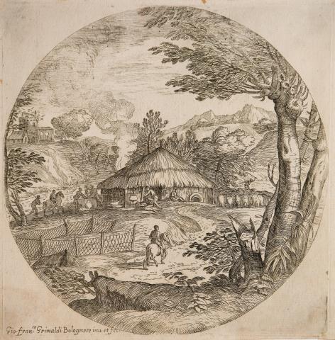 Circular landscape with a thatched house