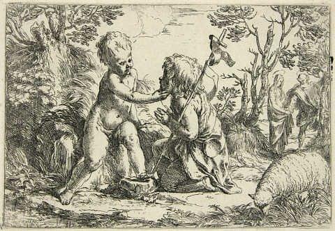The infant Christ and young John the Baptist, with Mary and Joseph in the background