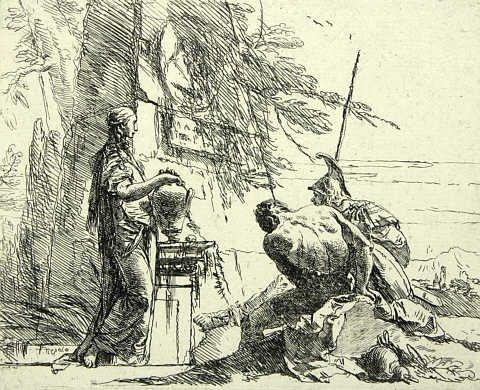 A woman with her hands on a vase, a soldier and a slave