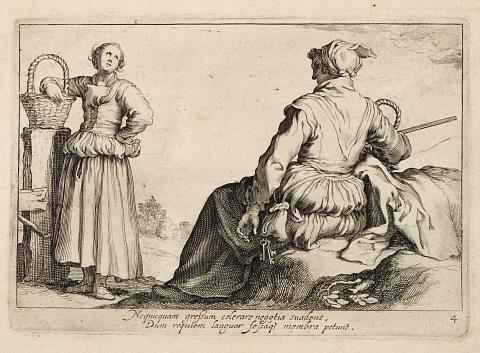 Two peasant women talking, one seated
