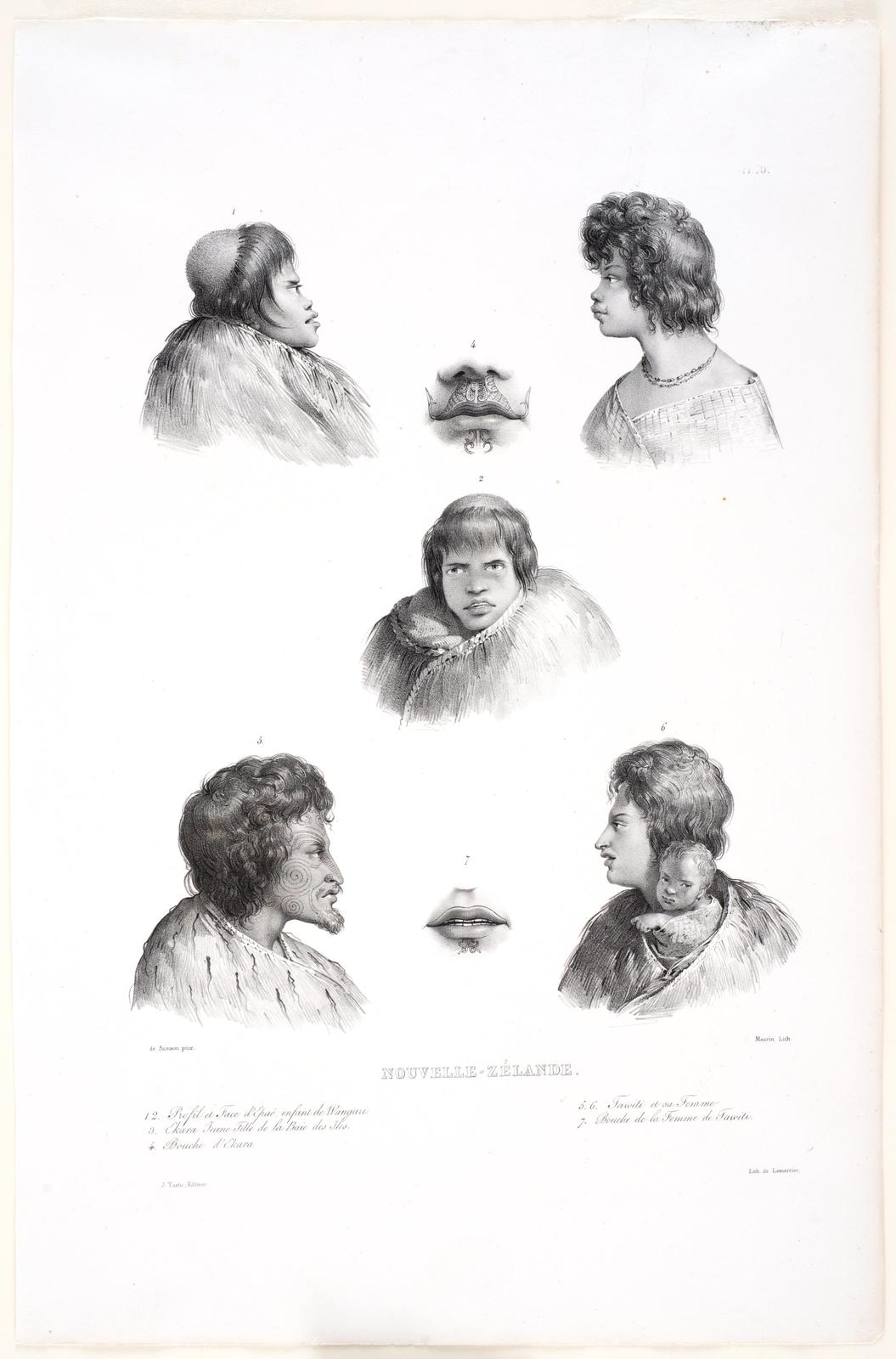 Nouvelle-Zélande, 1.2 Profil et Face d'Epaé, enfant de Wangari, 3. Ekara Jeune Fille de la Baie des Iles, 4. Bouche d'Ekara, 5.6. Tawiti et sa Femme, 7. Bouche de la Femme de Tawiti, [New Zealand, 1.2. Profile and face of Epaé, child of Whangarei, 3. Ekar